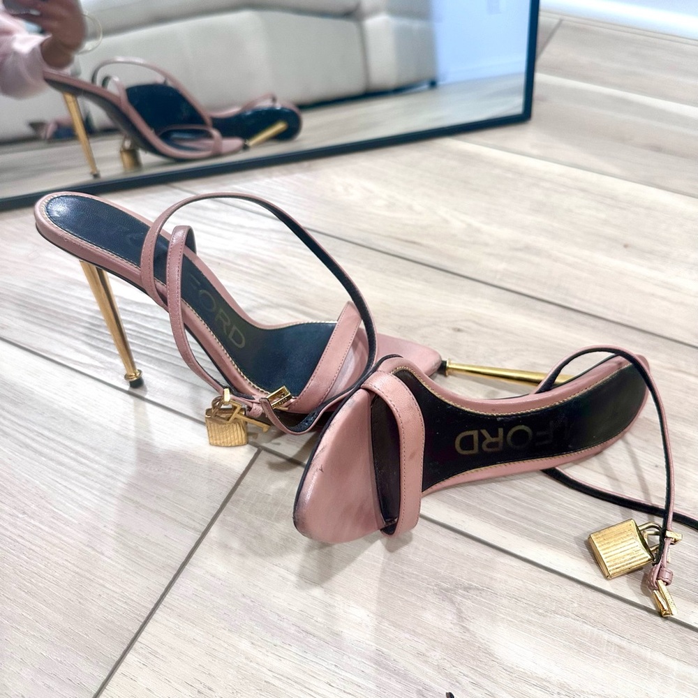 Tom Ford Blush Padlock Sandals with Metallic Gold Heels